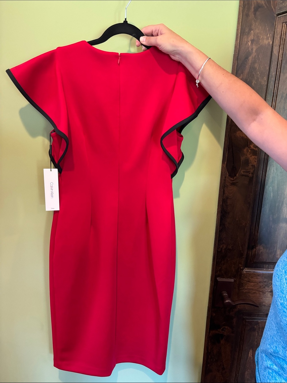 Calvin Klein Red Midi Dress with Black-Trim Flutter Sleeves - Picture 2 of 4